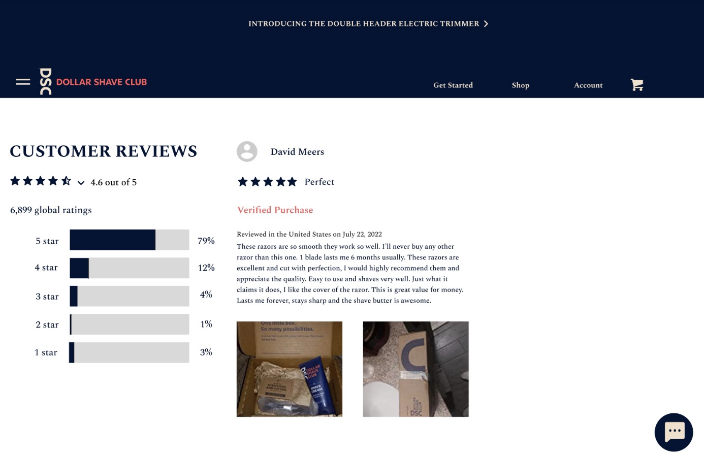 High-fidelity wireframe of Dollar Shave Club customer reviews page showing 4.6/5 star rating, rating distribution chart, verified purchase review from David Meers with product photos, and improved review layout